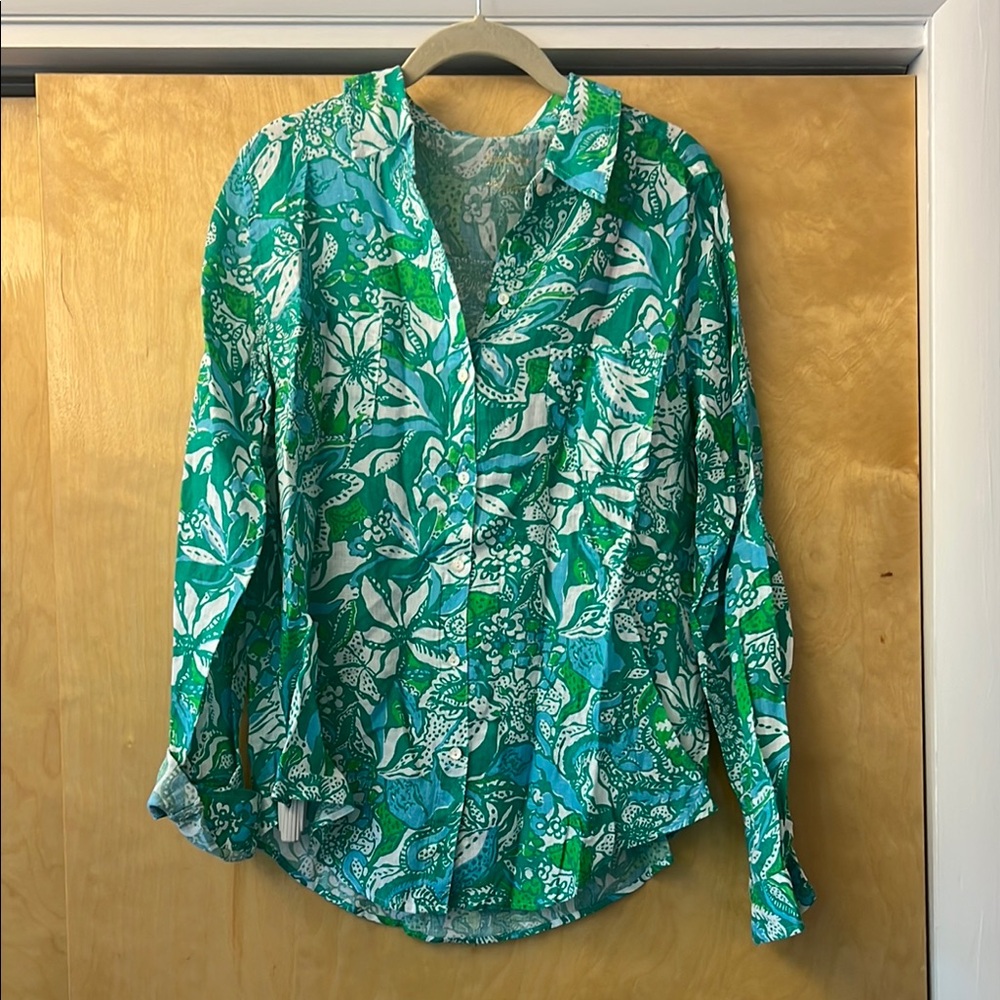 Lilly Pulitzer Green and Blue Casual Button Down Shirt